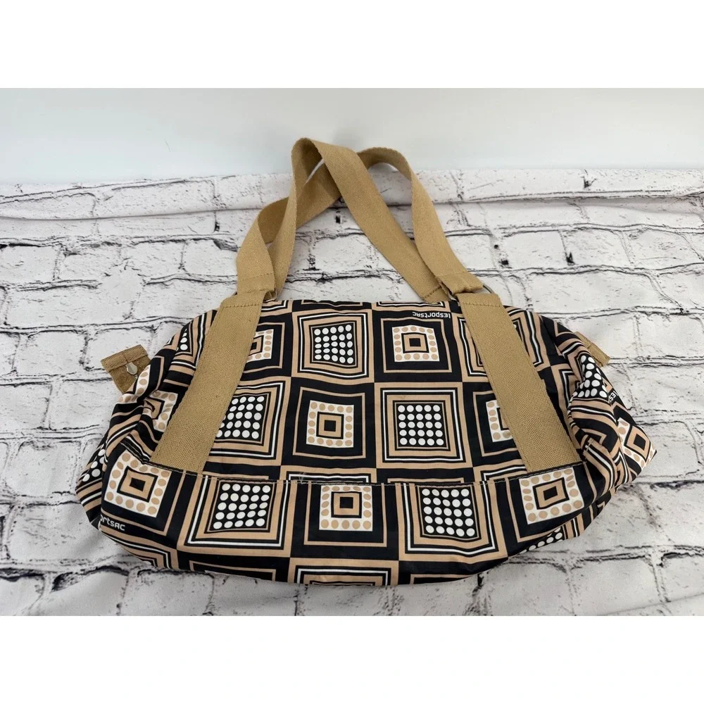 LeSportsac Geometric Square Print Nylon Shoulder Bag Tan Black Cream Satchel